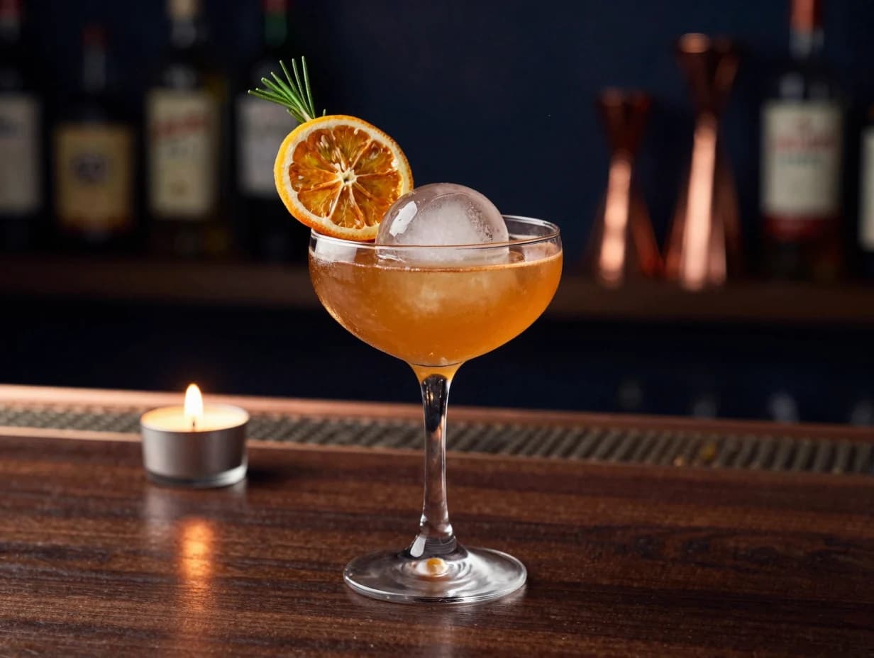 Craft cocktail at the Kaansya bar — amber drink, large clear ice, dehydrated orange wheel, candlelit