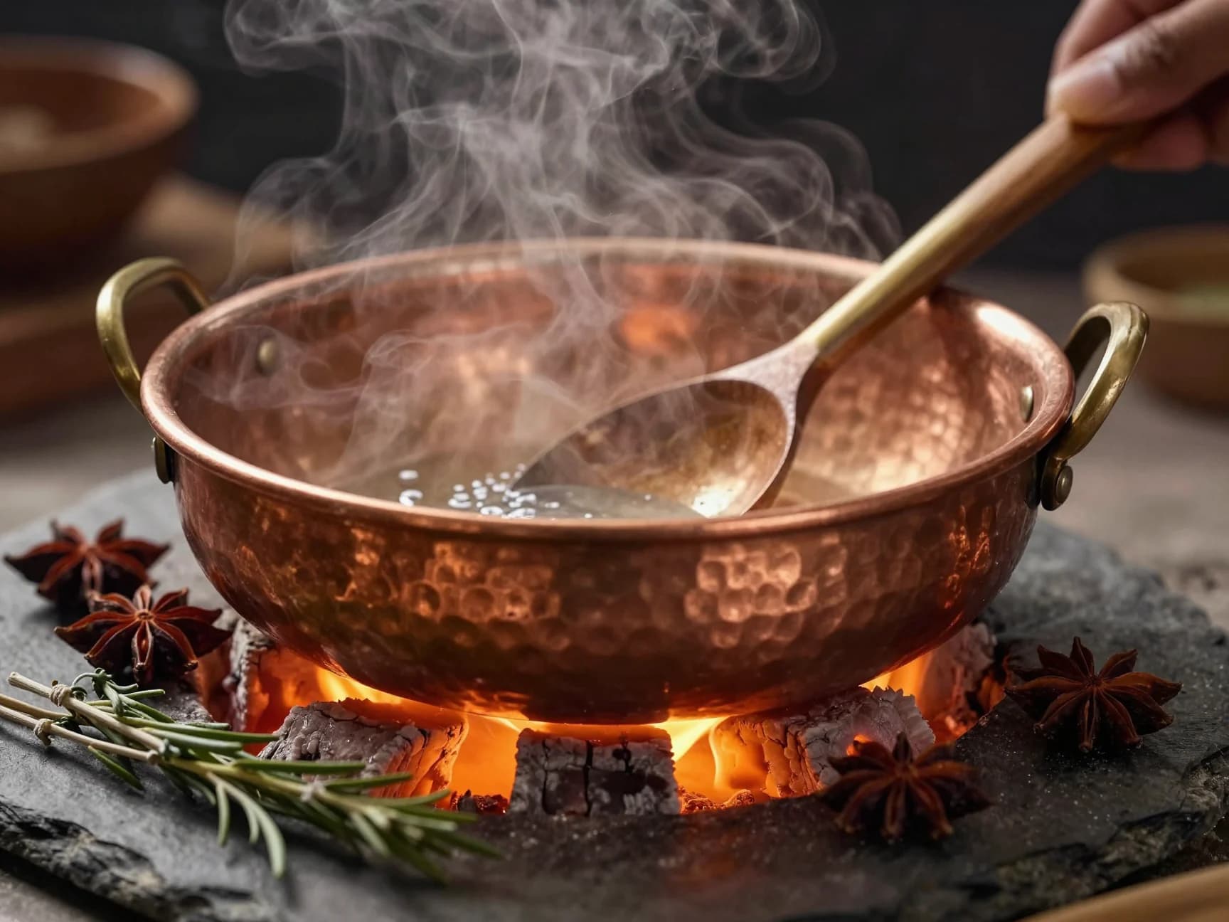 Hand-hammered copper kadhai simmering on glowing embers in the hearth