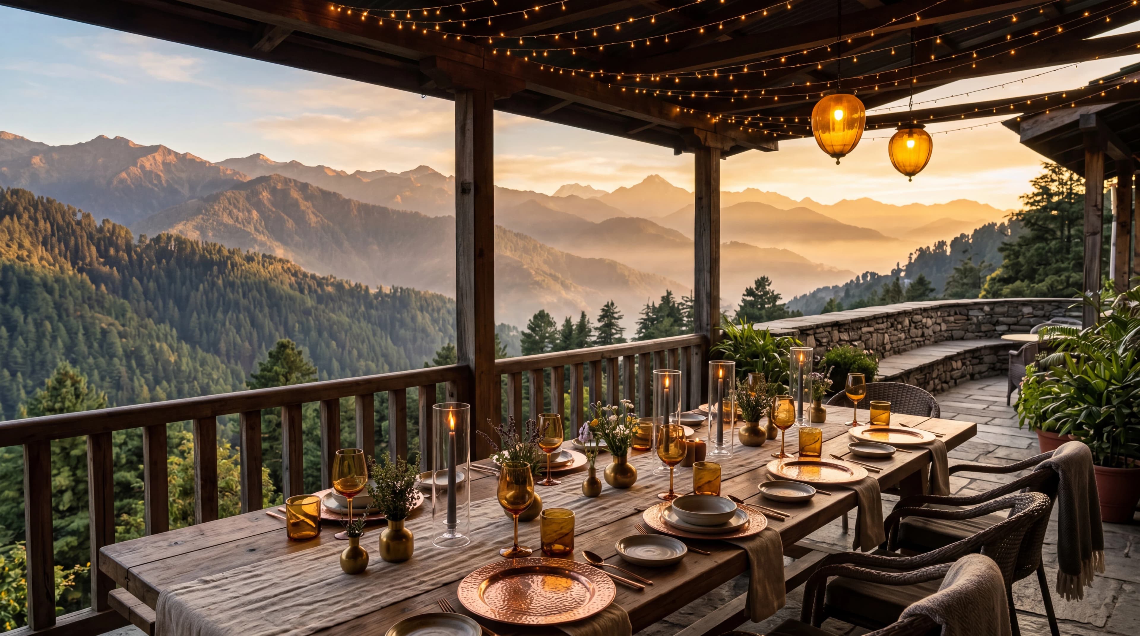 Sunset terrace dining at Kaansya — long timber table set with copper, candles, and amber glassware overlooking layered Himalayan ridges