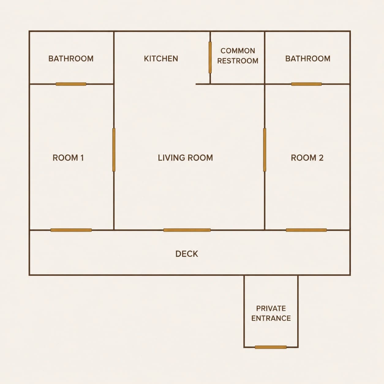 Executive Suite floor plan — 2 bedrooms, living room, kitchen, deck, and private entrance