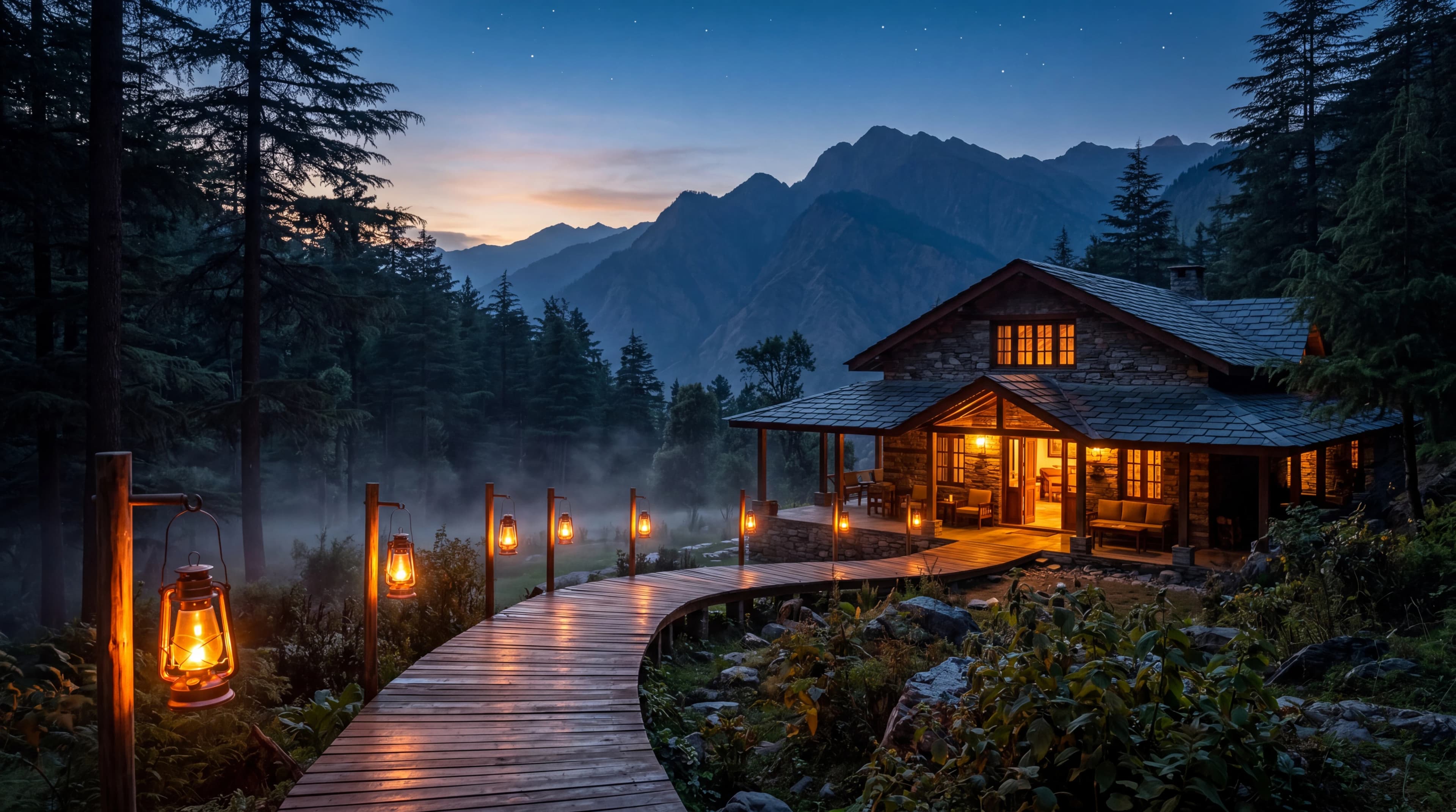 Lantern-lit timber boardwalk leading to a warm Kaansya lodge at blue hour, Himalayan ridges in the distance